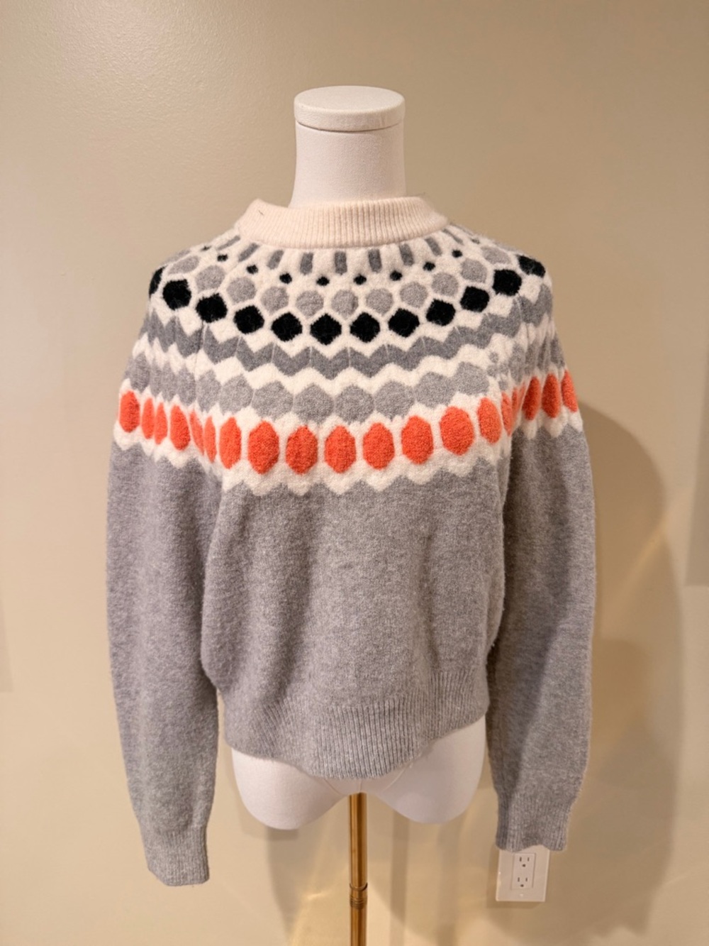 Club Monaco Gray Fair Isle Crewneck Sweater with Orange and Black Accents - Picture 2 of 10